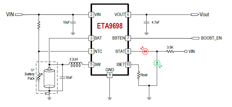 供应ETA9698E10-40V线性充电器和5V升压