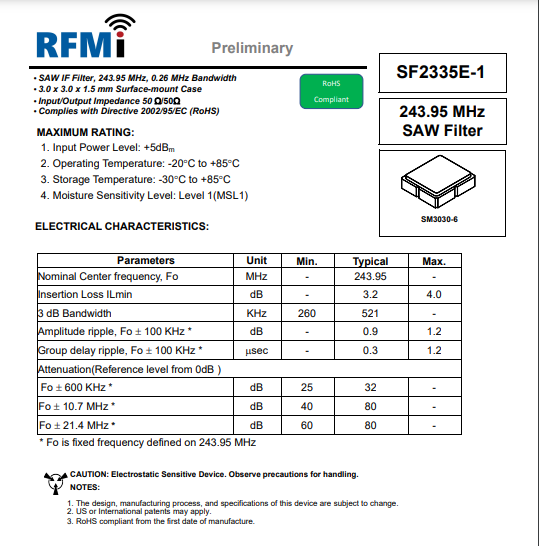 供应RFMi/Murata声表滤波器SF2335E-1
