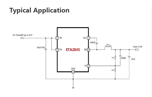 供应ETA2845-42V, 0.4A同步降压转换器